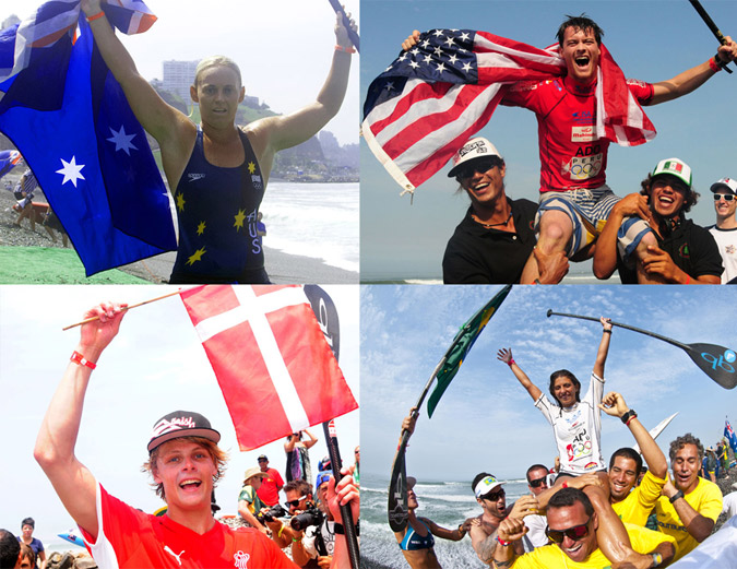 Today’s four Gold Medalists, an international display of dominance by (top left, clockwise) Angela Jackson (AUS), Sean Poynter (USA), Nicole Pacelli (BRA) and Casper Steinfath (DEN). Photo: ISA/Rommel and Tweddle
