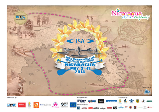 El Poster Oficial del 2014 ISA World SUP and Paddleboard Championship. La línea punteada representa el trayecto de 20 kilómetros de la Carrera de Larga Distancia, a través de las Isletas de Granada, una cadena de 365 islas en el Lago Nicaragua.