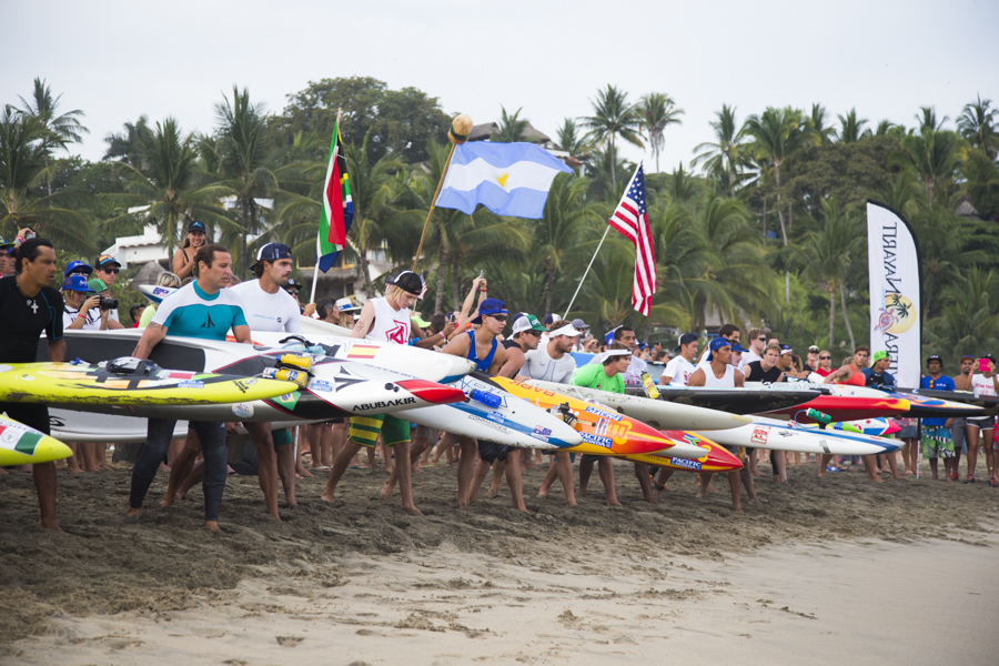 The Paddleboard racers line up, waiting to take on the 20 kilometer course. Photo: ISA/Brian Bielmann
