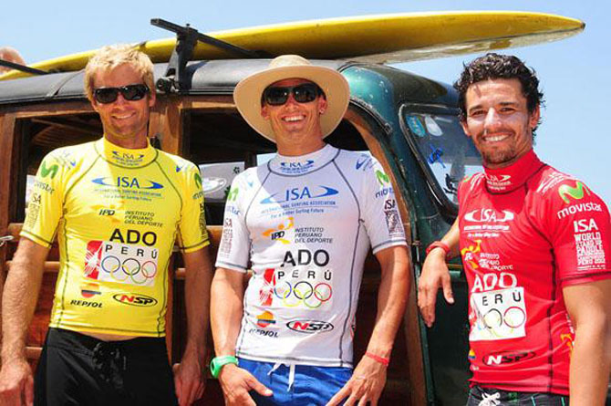 	2012 ISA competitors from left Colin McPhillips (USA), Jamie Mitchell (AUS) and Antoine Delpero (FRA) have a combined 16 World Titles. The lycras featured the Olympic Rings, as the Peru Olympic Committee sponsored the event. Photo: ISA/Tweddle 