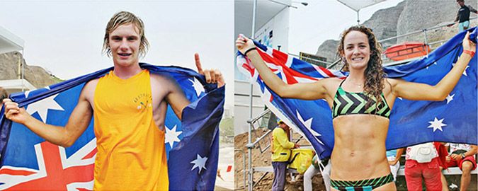 Men’s and Women’s Technical Race Gold Medalists, Australia’s Lincoln Dews (left) and Jordan Mercer (right). Photo: ISA/Romero